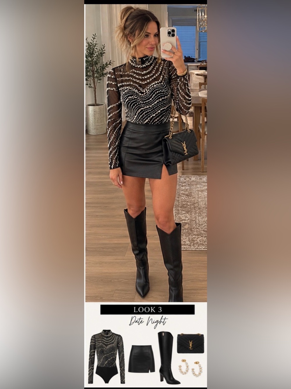 Banjul Black Sheer Mesh Bodysuit with Pearl & Rhinestone Embellishment